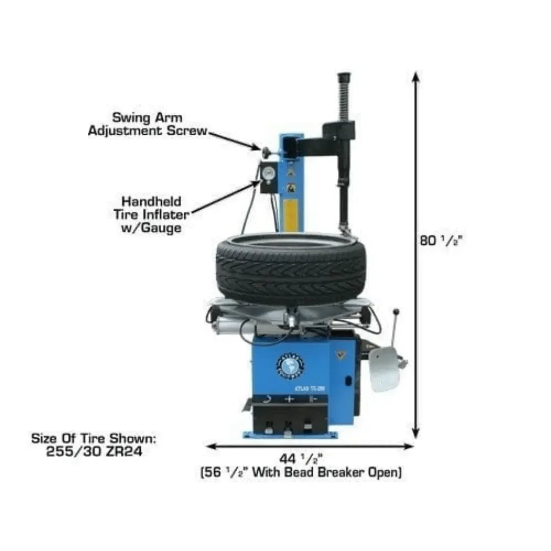 Atlas WB11 Wheel Balancer TC289 Motorcycle Tire Changer Combo showing various measurements of the tire machine- Mechanic Super Store
