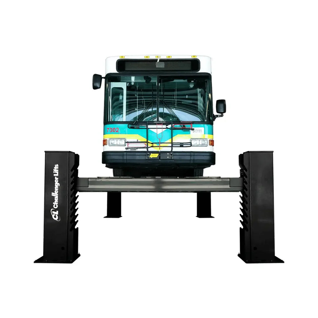 Challenger Lifts 44040X 40,000 lb Heavy Duty Lift Chain Driven shown on a white background with a passenger vehicle lifted to 75% of maximum lifting height. - Mechanic Super Store