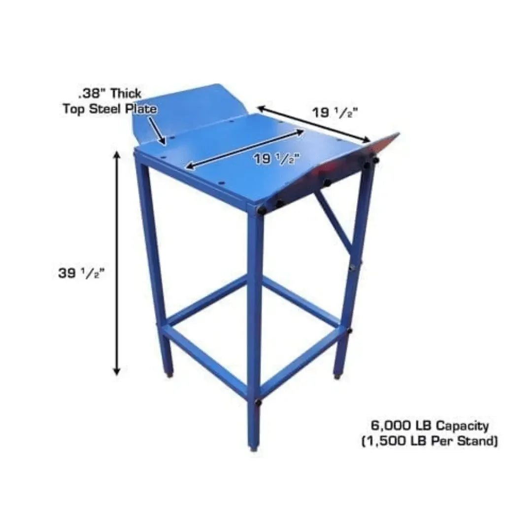 Atlas Alignment Wheel Stand Package on a white background showing specifications of 19.5" deep, .38" thick, 39.25" high and a 6,000lb capacity (1,500 lb per stand in this set of 4)