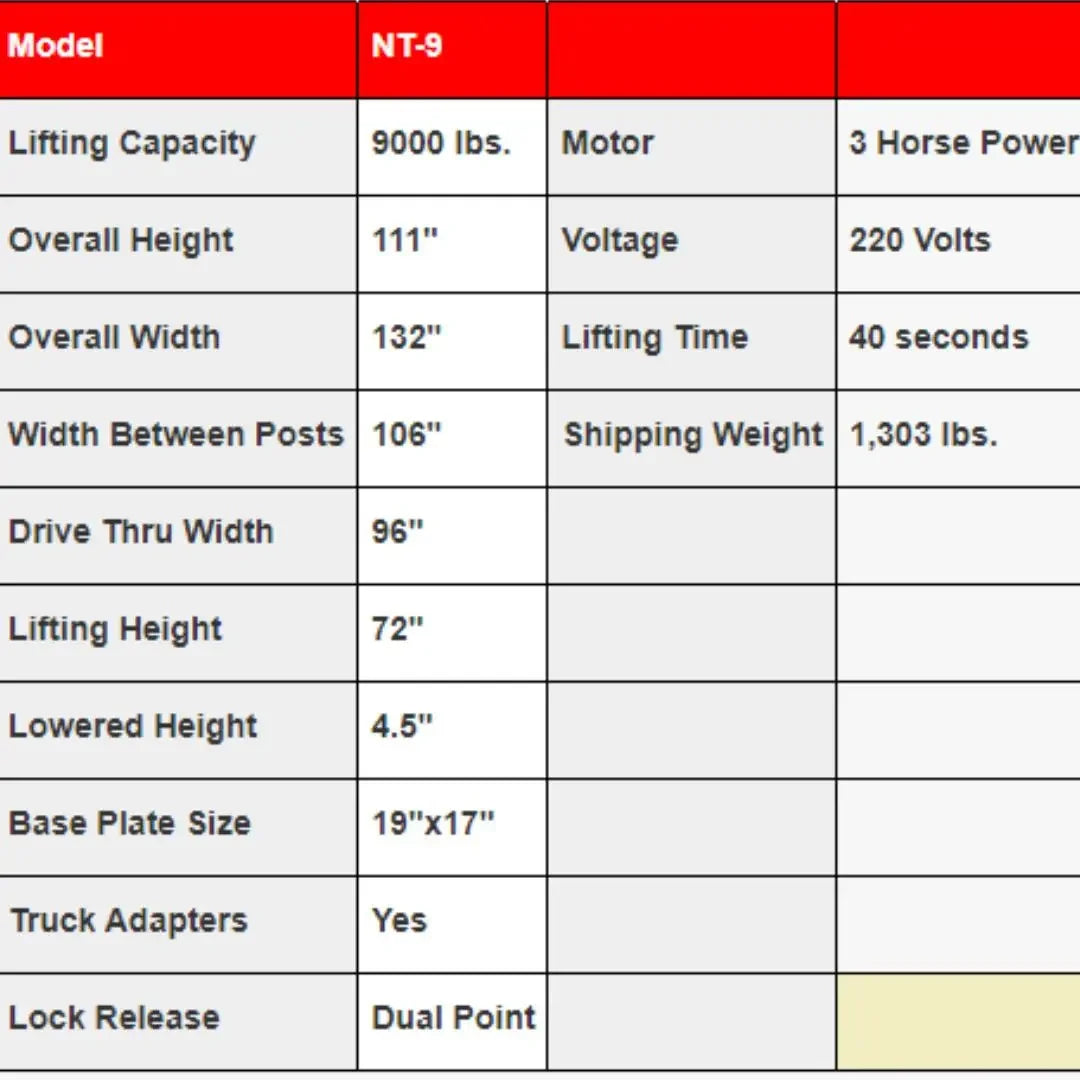 Triumph NT-9 9,000 lb. 2 Post Lift Triumph