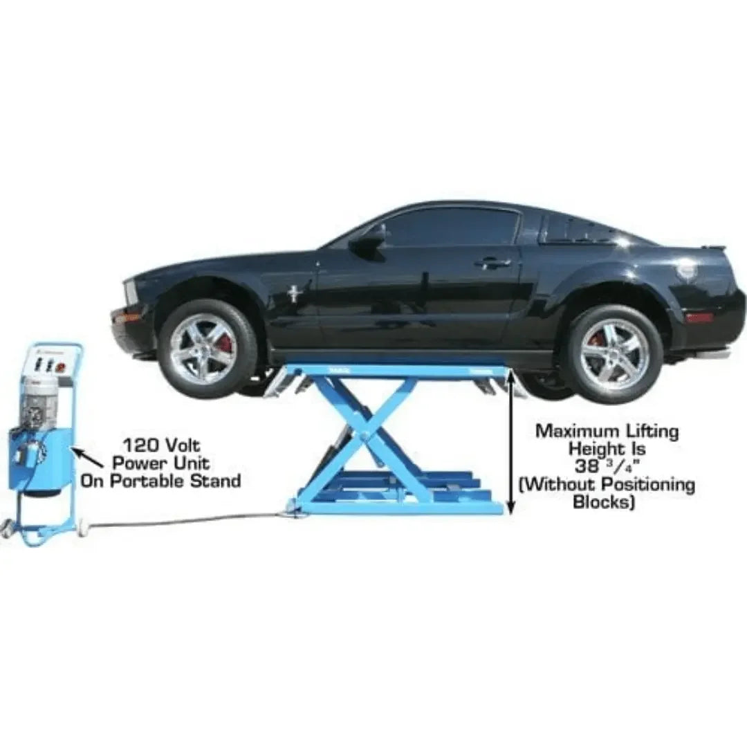 Atlas 7K-Kwik-Bay Portable Mid-Rise Scissor LIft 7,000 lb showcasing the 120V power unit and a maximum lifting height is 38.75" - Mechanic Super Store