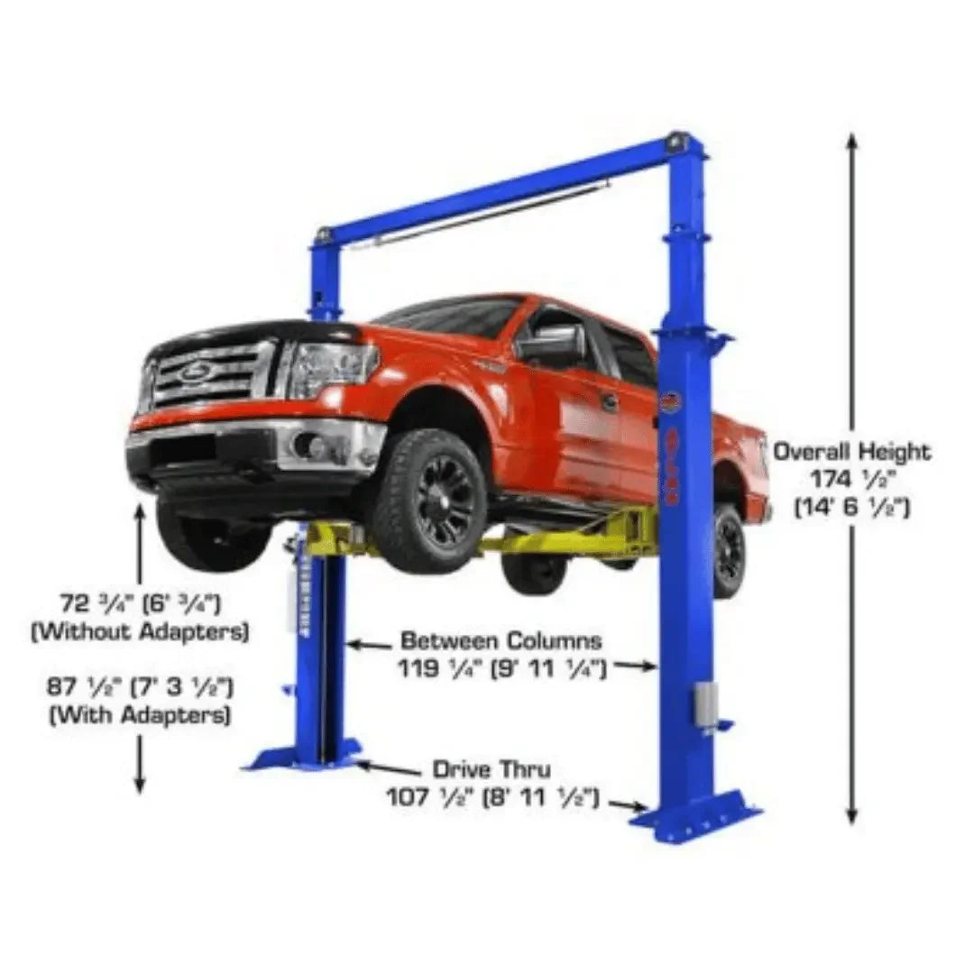 Image showing the 72.75" life height without adapter and overall height of 174.5" of the Atlas Platinum PVL15 ALI Certified Commercial Overhead 15,000 lb. Capacity 2 Post Lift - Mechanic Super Store
