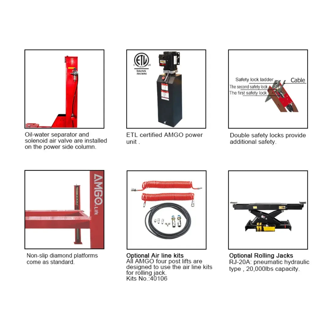 Amgo PRO-30 HD 30,000 lb 4 Post Lift flier with up close images of different parts of the 4 post car lift on a white background - Mechanic Super Store