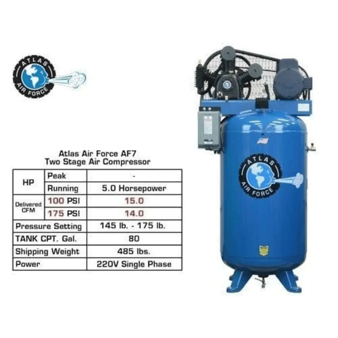 Atlas Air Force AF7 5HP Air Compressor psi 100-175, 5.0 horsepower and 485lb shipping weight.