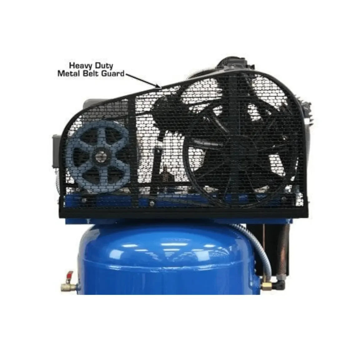 Atlas Air Force AF9-17 7.5HP 80 Gallon Commercial Grade Air Compressor view of the heavy duty metal belt guard