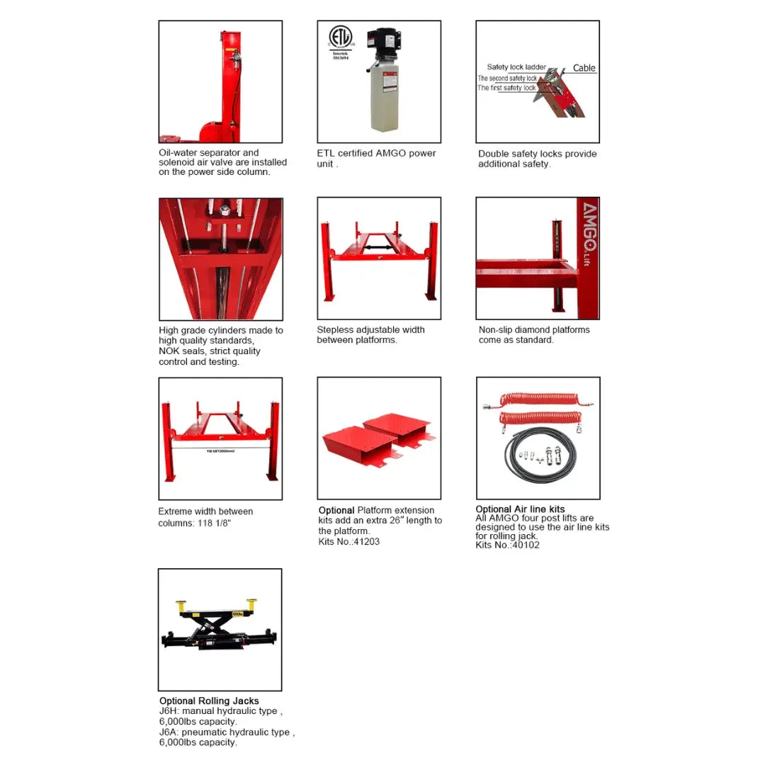 Amgo PRO-12ASX 12,000 lb 4 Post Alignment Lift flyer with insets of the motor and close up of all the mechanic parts and a jack