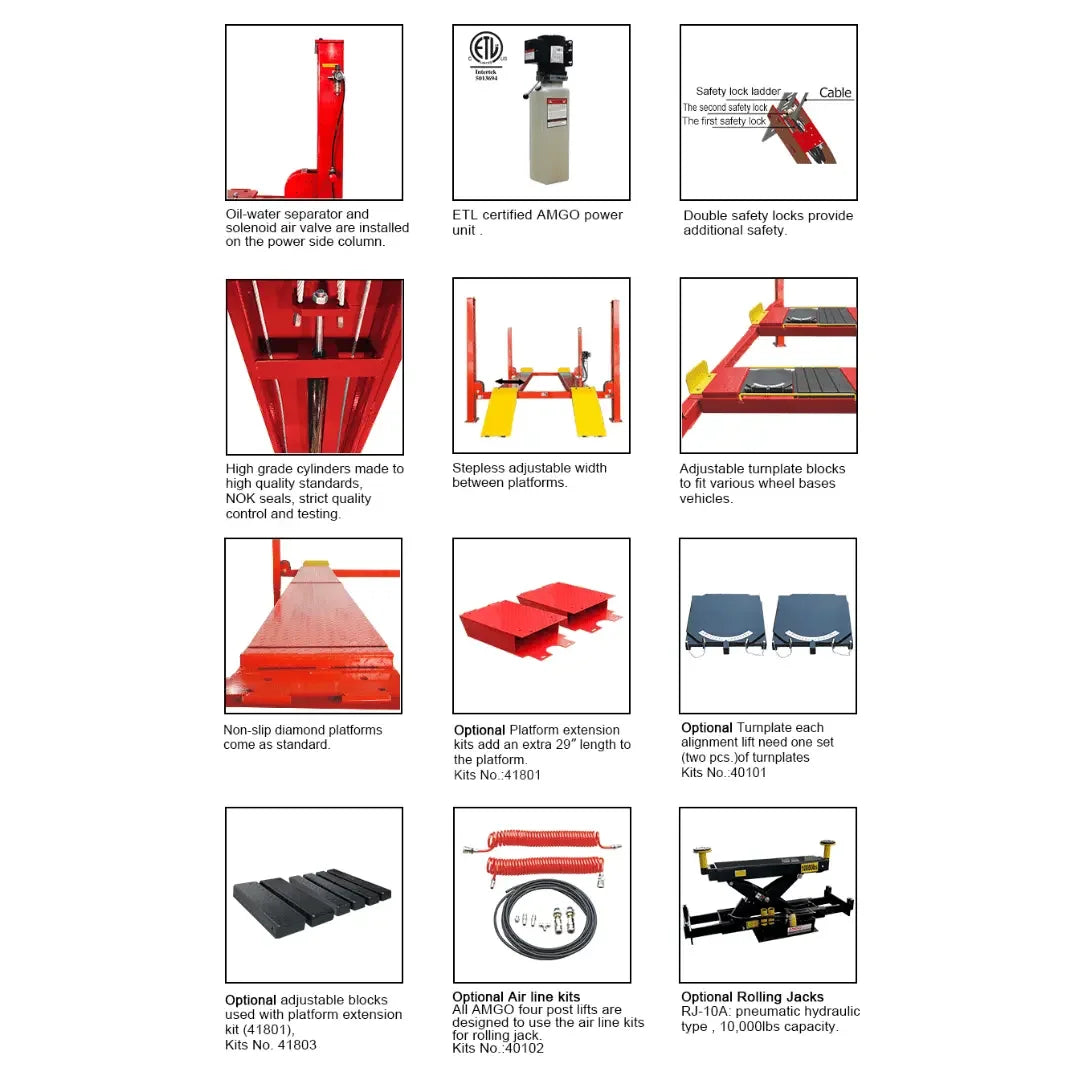 Amgo PRO-18A 18,000 lb 4 Post Alignment Lift flier showing 12 images up close of the different mechanical areas of the 4 post vehicle storage lift- Mechanic Super Store