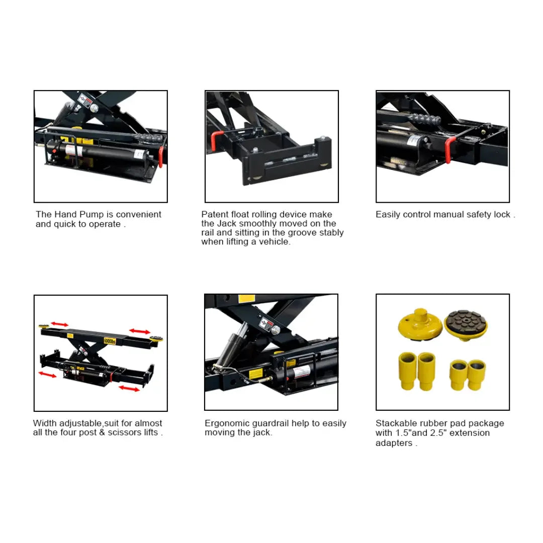 Amgo J6H 6,000 lb Rolling Jack images (6) showing different components of the rolling jack
