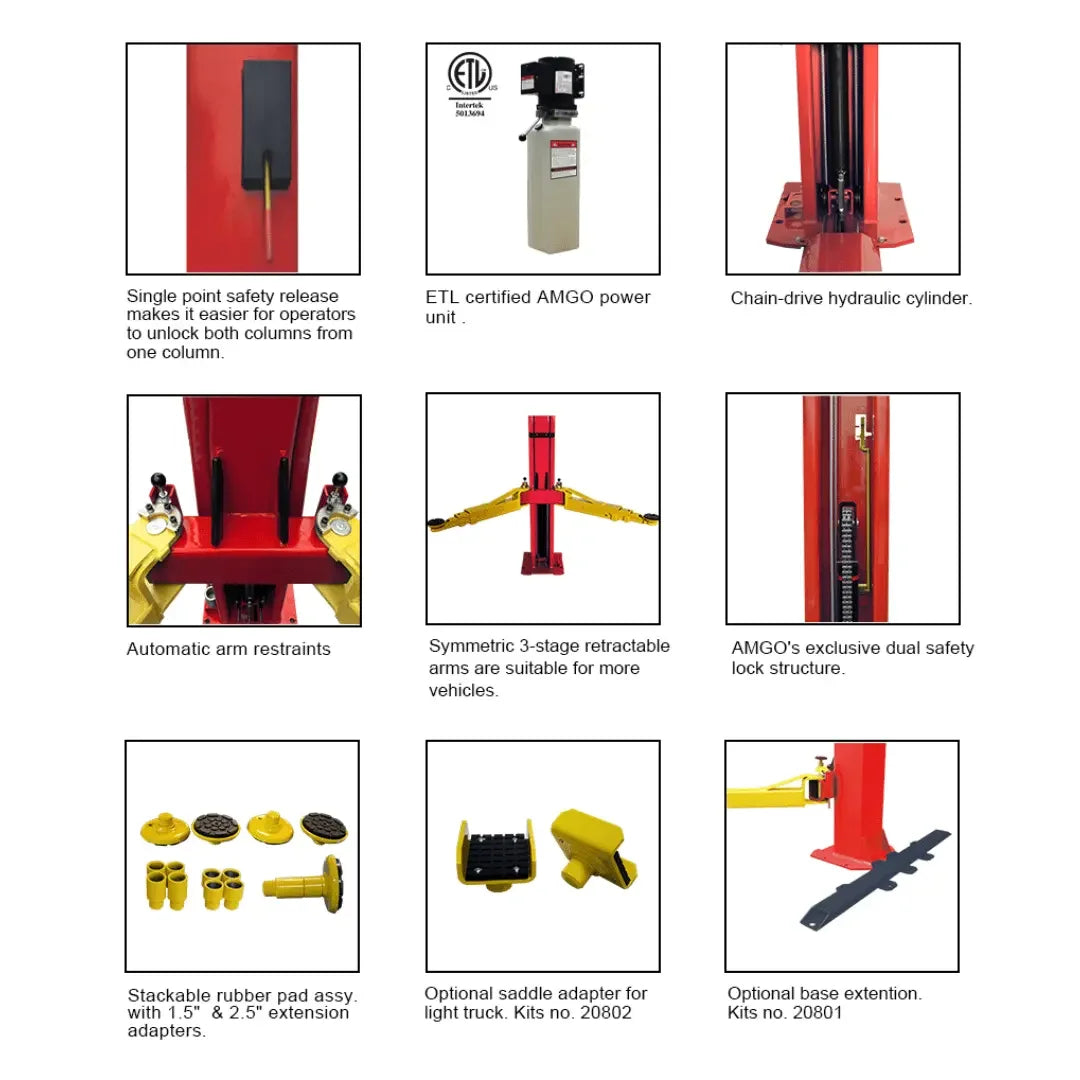 Amgo BP-9 9,000 lb 2 Post Lift flier showing 9 insets of different mechanic aspects mentioned in the spec sheet- Mechanic Super Store
