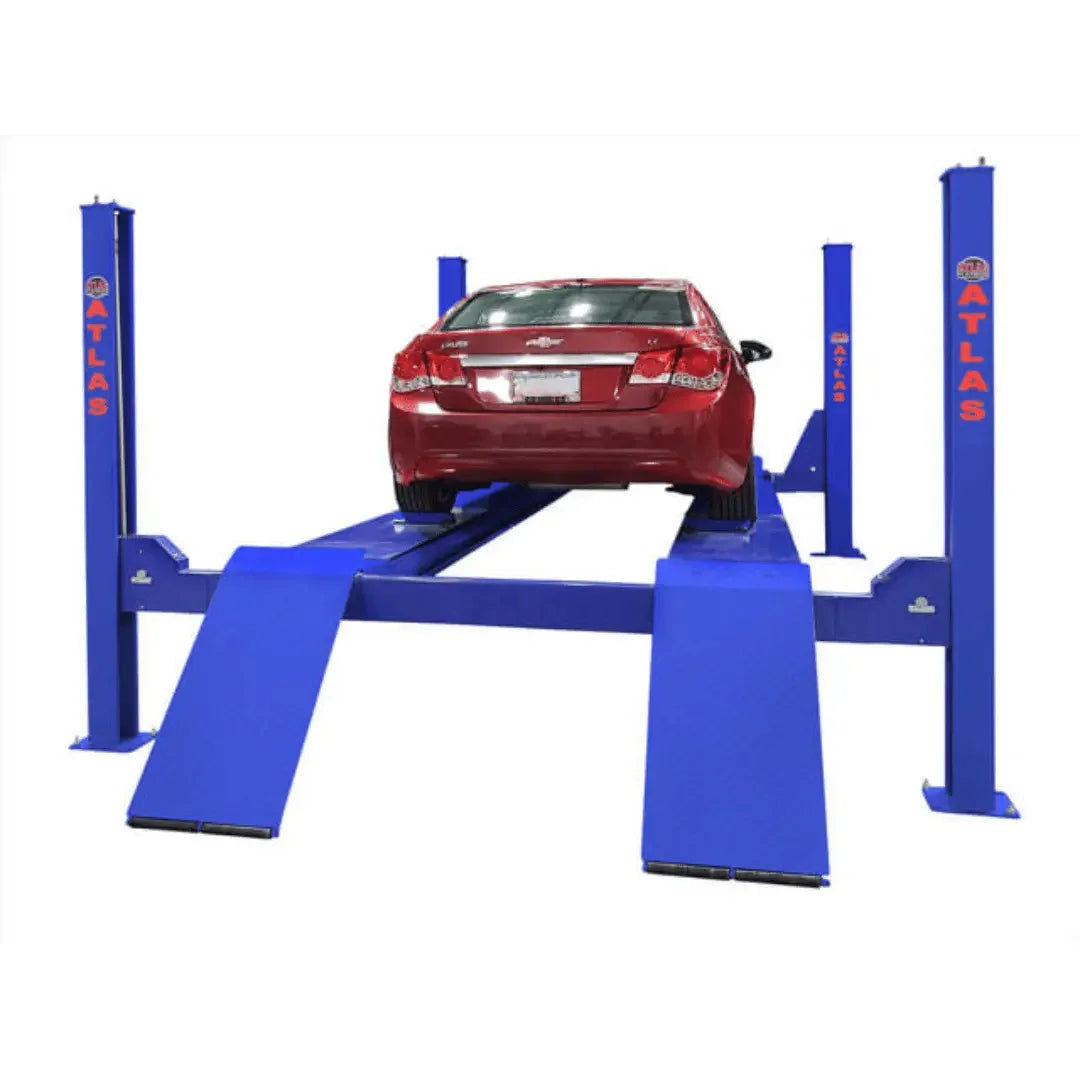 Atlas Open Front Lift + RJ7000 ALI Cert. Rolling Jack Combo with a sedan lifted to mid level - Mechanic Super Store