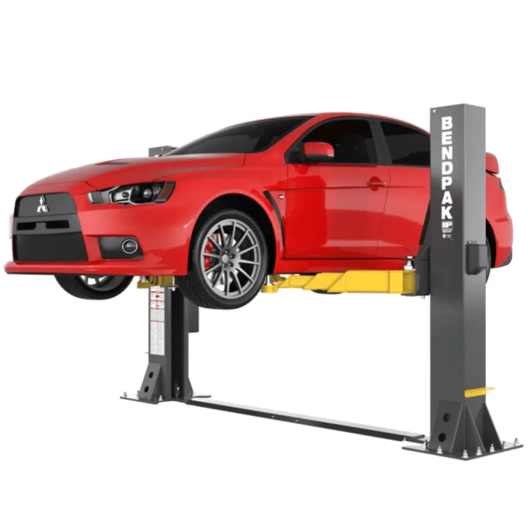 BendPak 10AP-SRT 10,000‐lb. Capacity SHORT-RISE 2 Post Car Lift shown on a white background with the Bendpak logo clearly visible on the support post- Mechanic Super Store