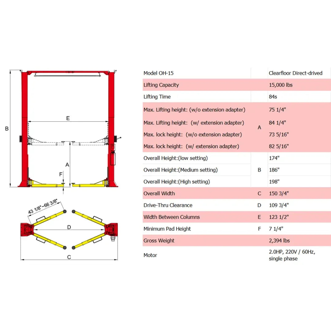 Amgo OH-15 15,000 lb 2 Post Lift - Mechanic Super Store