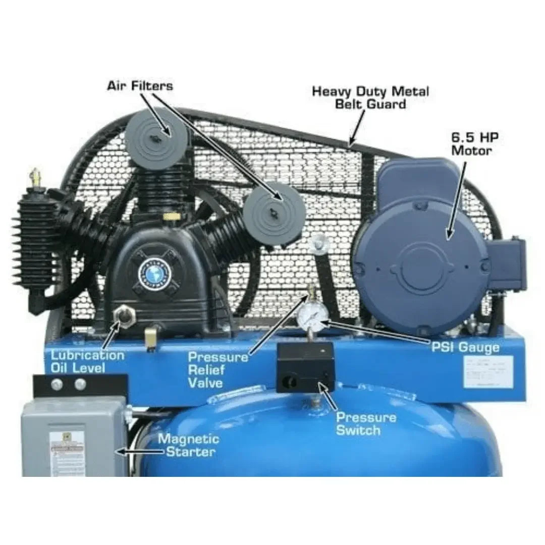 Air compressor up close view of air filter, metal belt guard and 6.5 HP motor locations.