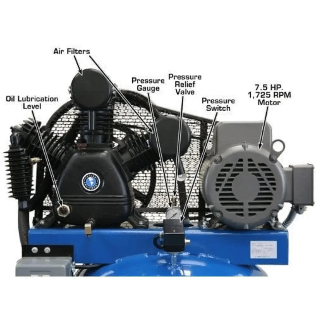 Air compressor view of the air filter, pressure gauge, pressure relief valve, pressure switch and oil lubrication level locations as well as the 7.5 HP 1,725 RPM motor.
