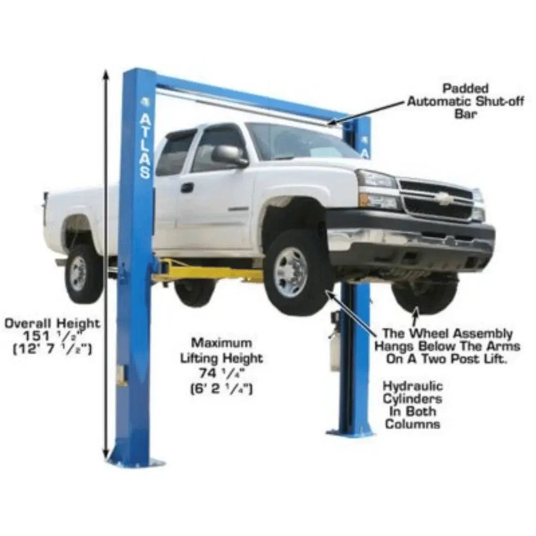 Atlas Commercial Grade Extra Tall 10,000lb 2 Post Lift showing the padded auto shut off bar, overy height of 151.5" and max lifting height of 74.25"- Mechanic Super Store