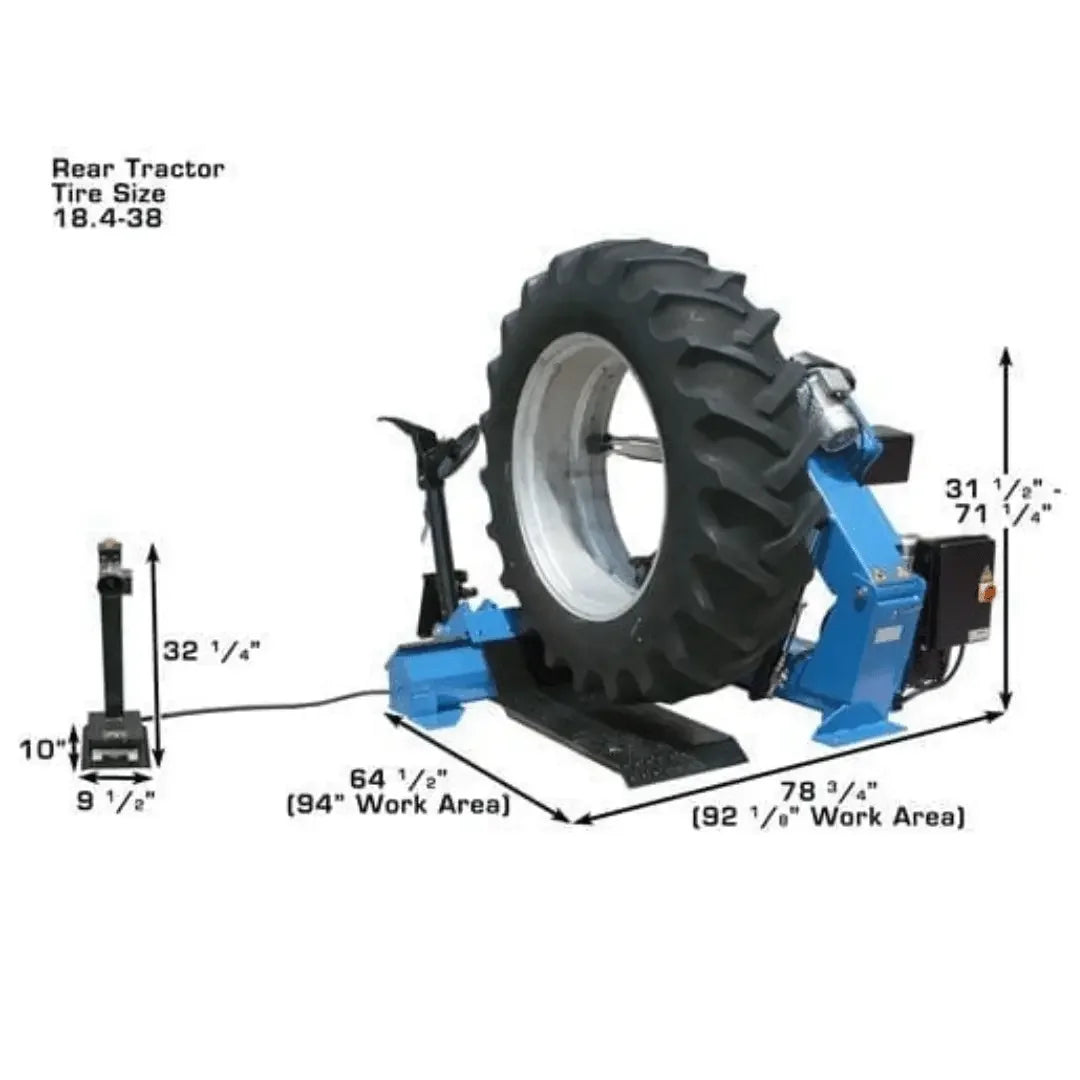 Atlas TTC303 Large Truck Tire Changer showing dimension of 64.5" work area, width of 92.5" work area- Mechanic Super Store