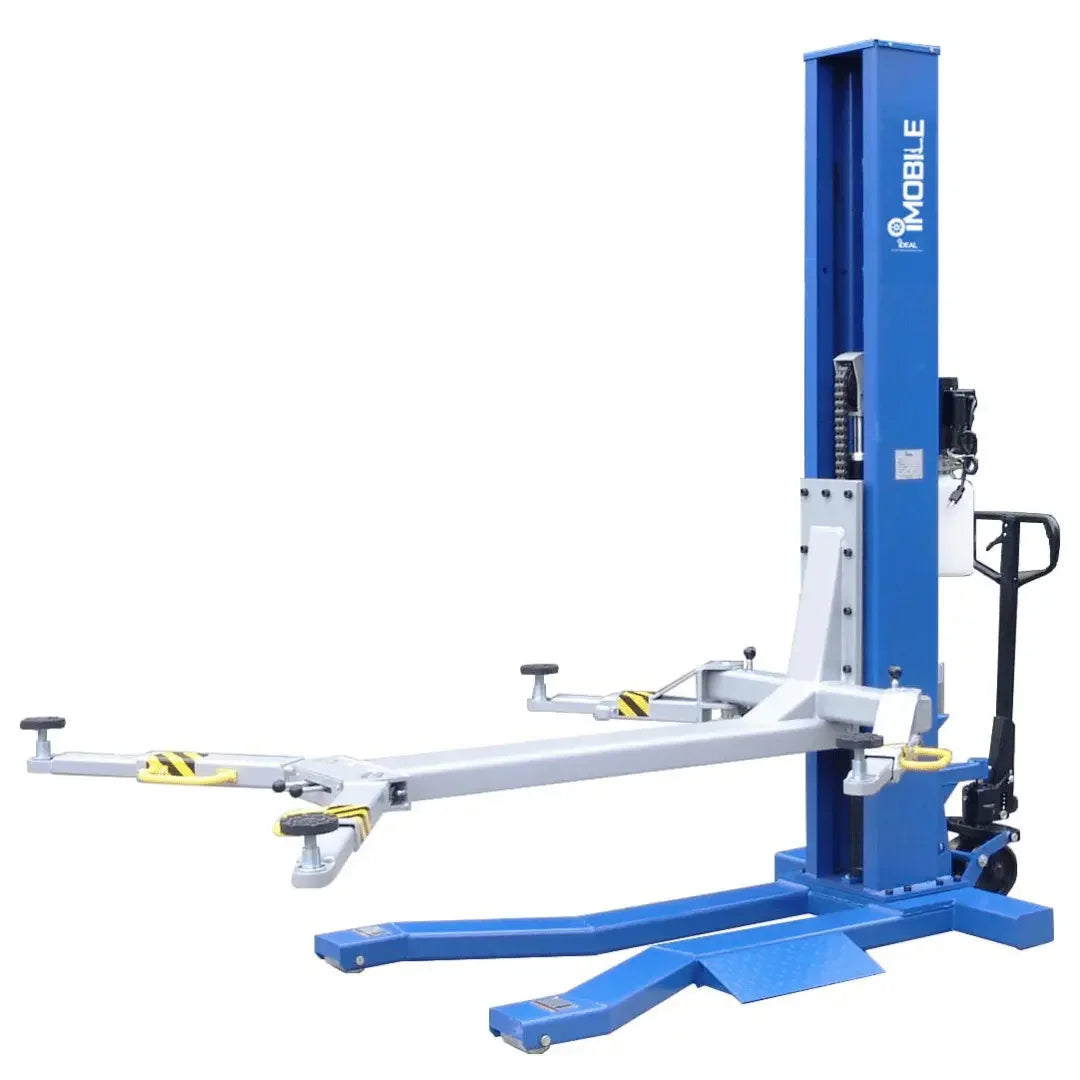 IDEAL iMobile MSC-6KLP 6,000 lb Low Profile Mobile Single Column Lift showing in the mid-level position on a white background by mechanic superstore.
