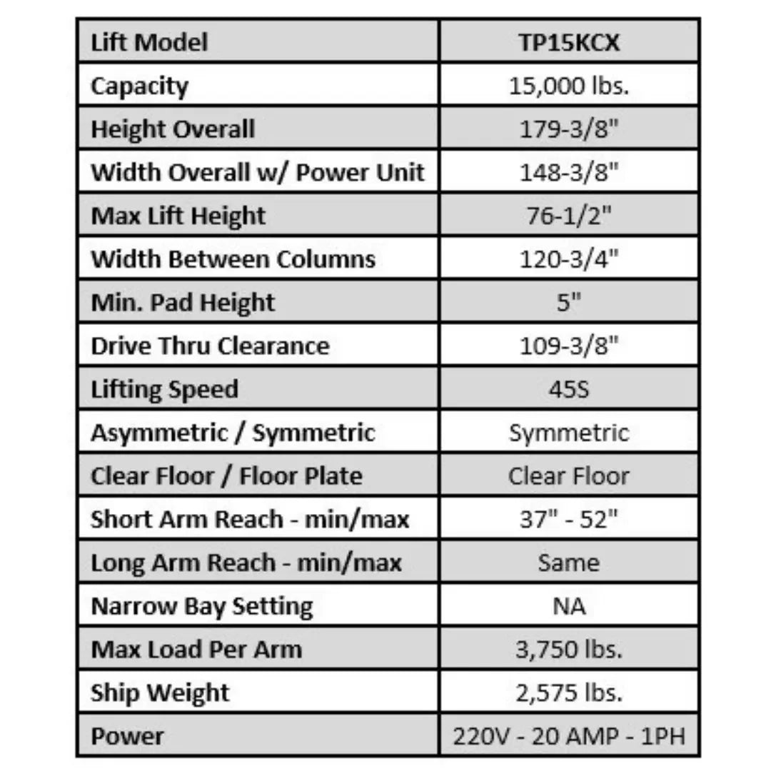 Tuxedo TP15KCX 15,000 lb Heavy Duty 2 Post Lift Tuxedo