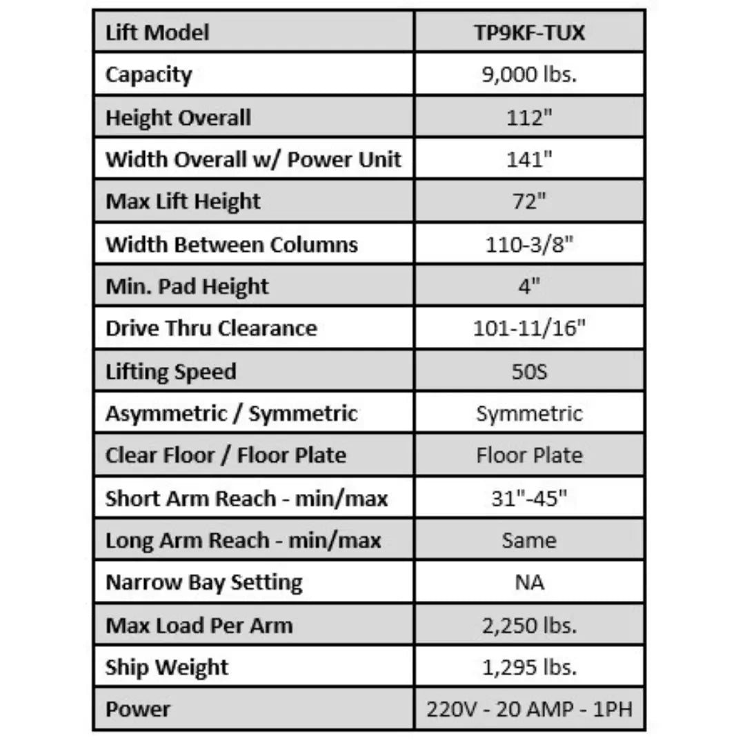 Valor - VP9KF-TUX 9,000 lb 2 Post Floor Plate - Symmetric Valor