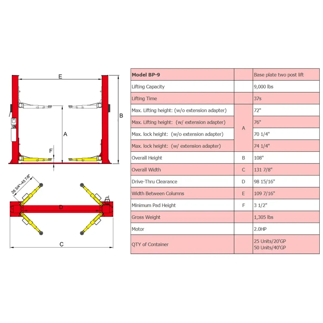 Amgo BP-9 9,000 lb 2 Post Lift - Mechanic Super Store