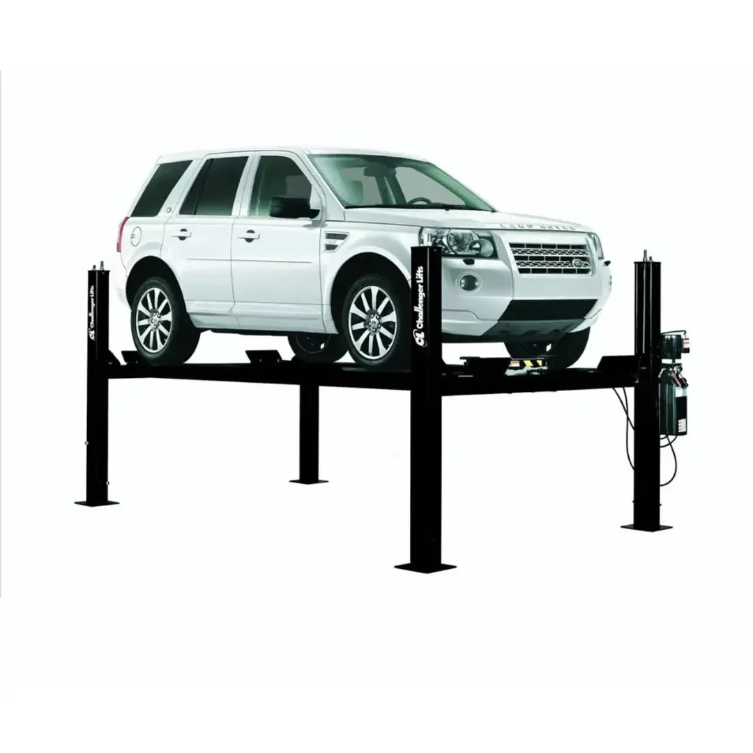Challenger Lifts CL4P9S 9000 lbs 4 Post Home Storage Lift with a white sport utility vehicle (SUV) lifted to maximum heigh -- Mechanic Super Store