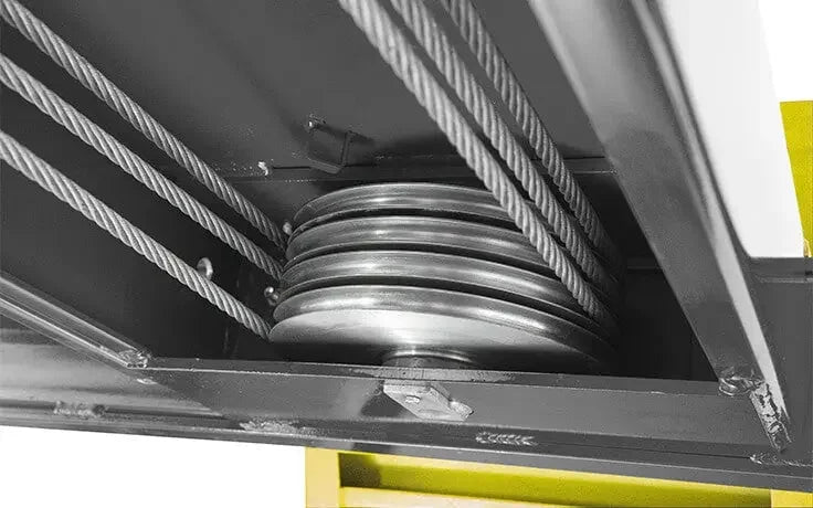 BendPak HDS-40X 40,000 lb. 4 Post Heavy Duty Lift - Extended Runways up close of the pulley system - Mechanic Super Store