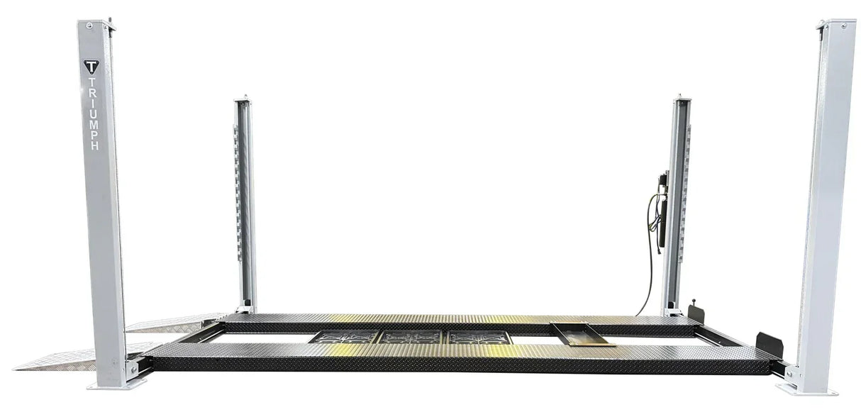 Side view of the Triumph USA8000XLT 8,000 lb Service & Storage 4 Post Car Lift in the lower position with ramps extended - Mechanic Super Store