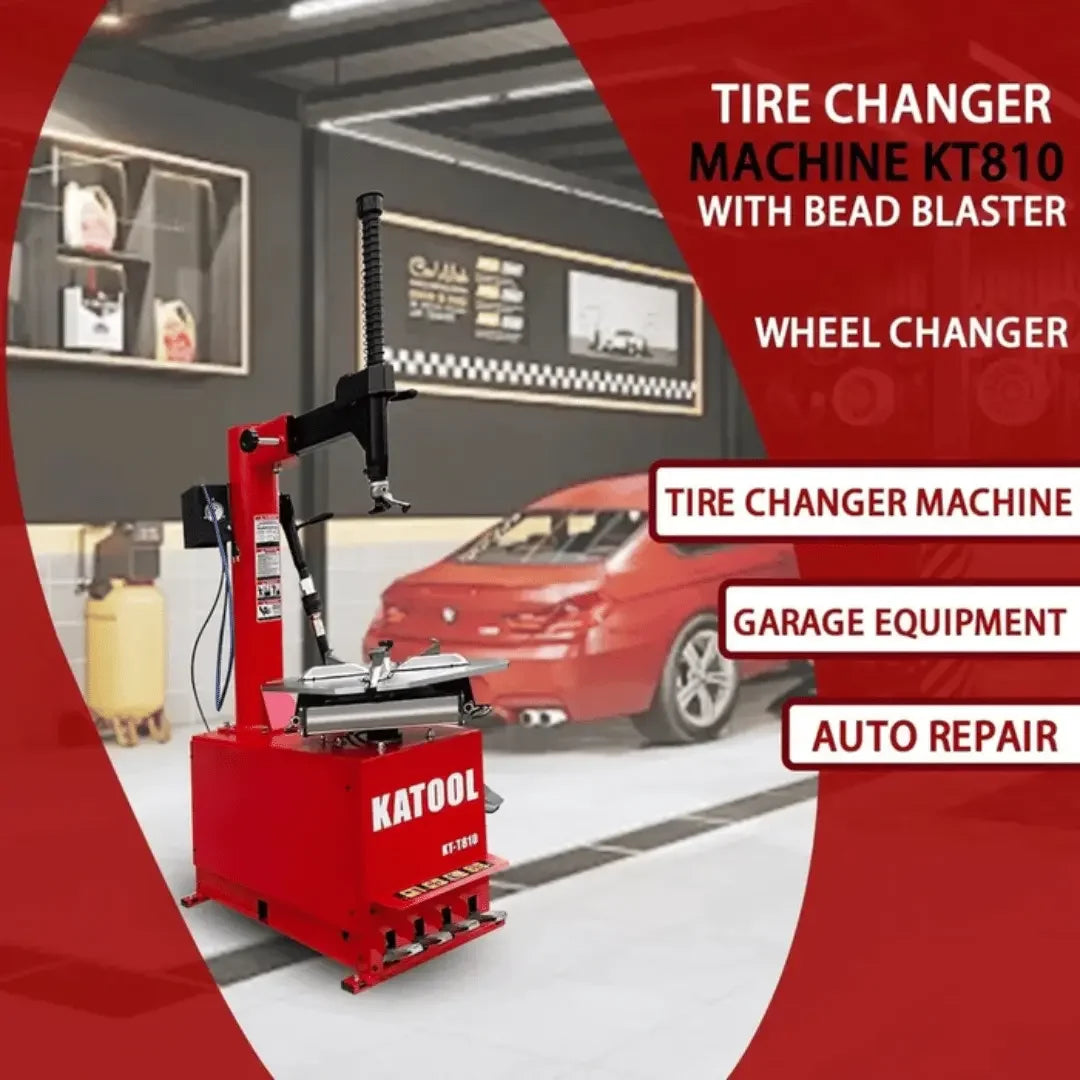 Katool KT-T810 Wheel Clamp Tire Changer Machine flier showing the katool machine in a garage with featured text mentioning the bead blaster - Mechanic Super Store