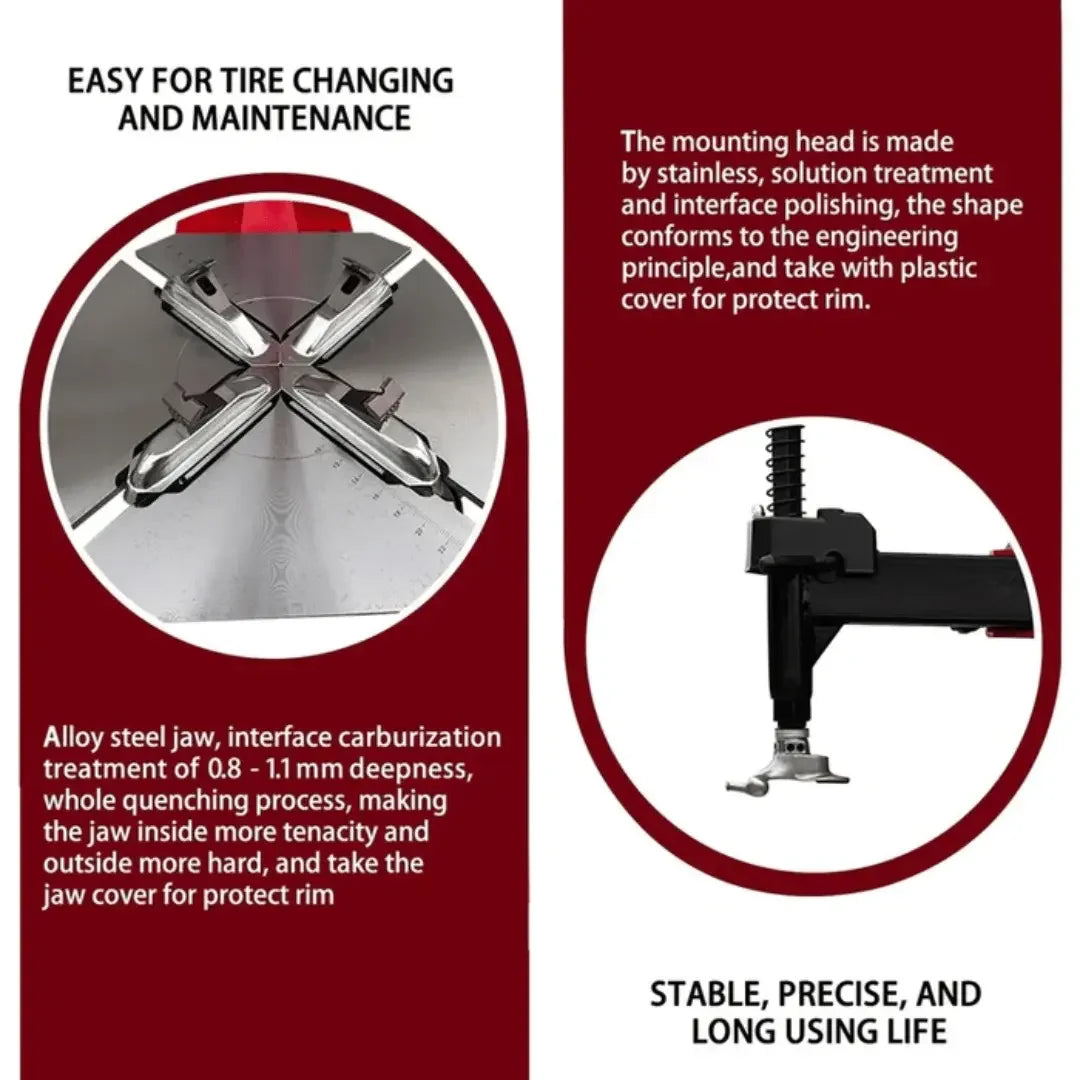 Katool KT-T810 Wheel Clamp Tire Changer Machine flier explaining the ease of maintenance and showing up up-close image of the mounting head. - Mechanic Super Store