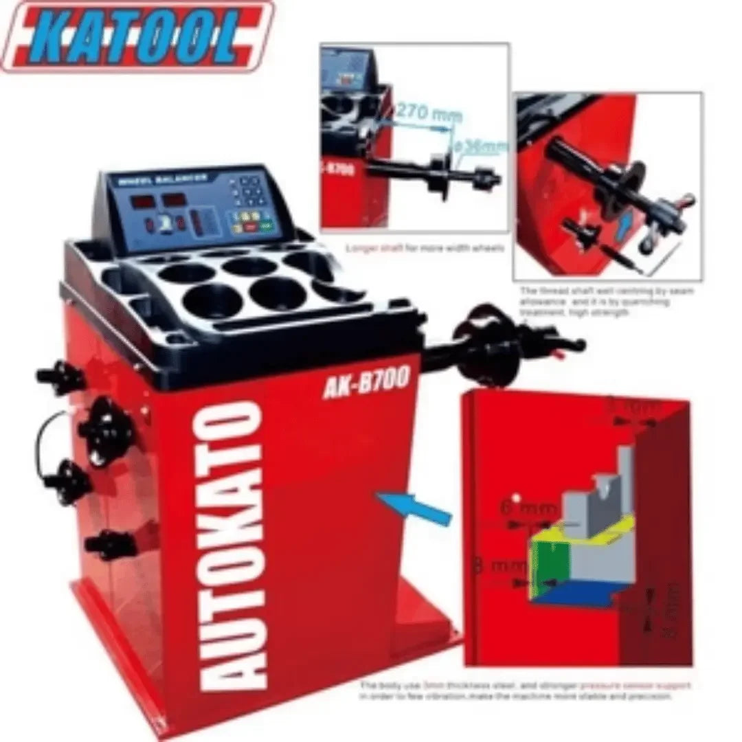 Katool Tire Changer KT-T810 & Wheel Balancer KT-B700 Combo flier showing the tire balancer with insets showcasing the features of the machine- Mechanic Super Store