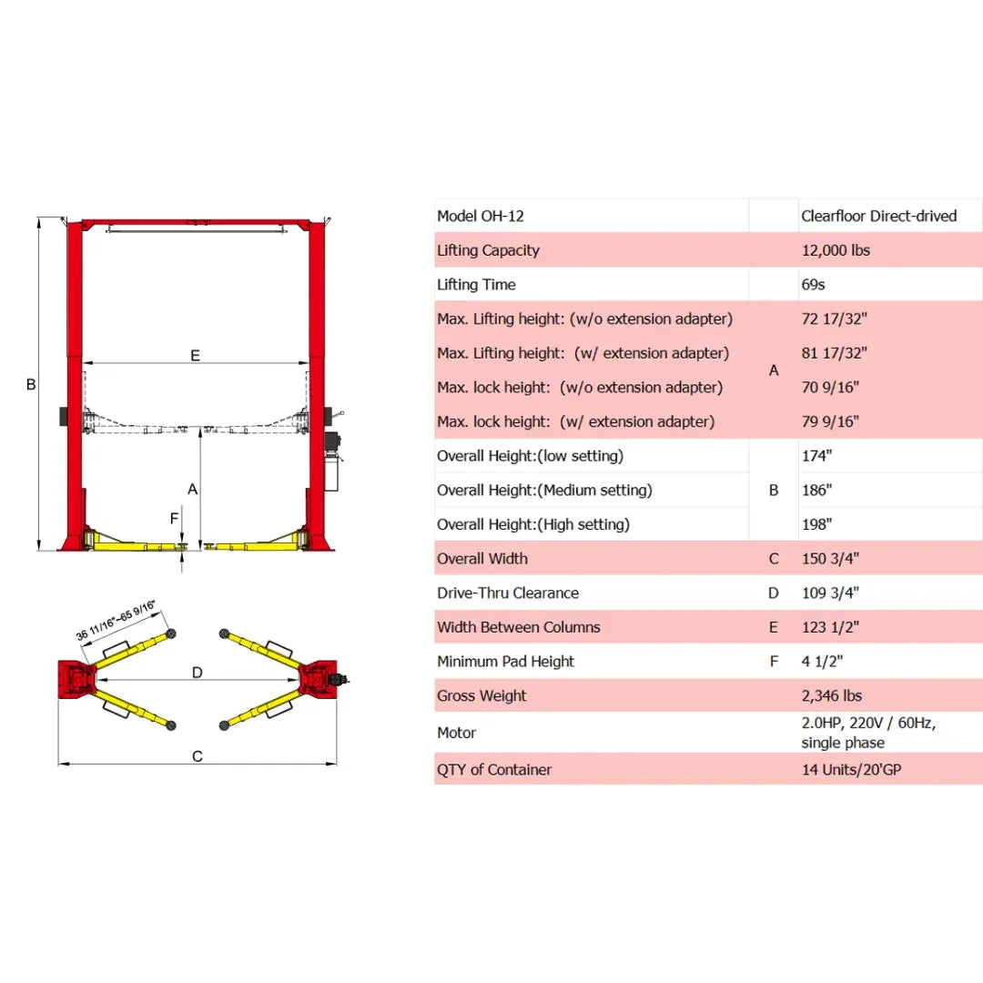 Amgo OH-12 12,000 lb 2 Post Lift - Mechanic Super Store