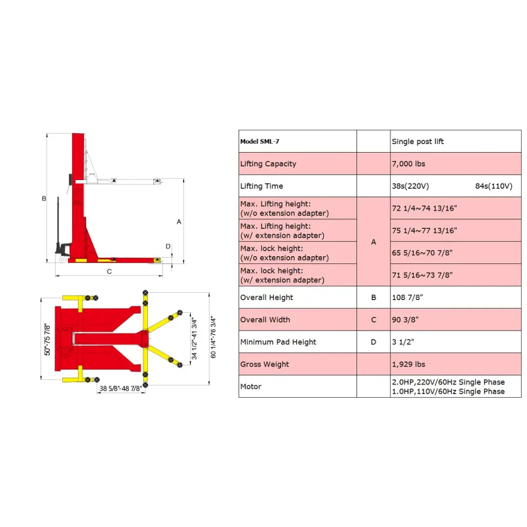 Amgo SML-7 7,000 lb Single Post Lift - Mechanic Super Store