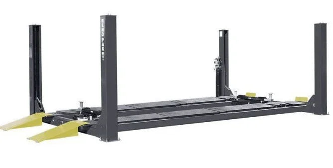 BendPak HDS-18EA 18,000 lb. 4 Post Car Lift on a white background shown in the lowest loading position - Mechanic Superstore