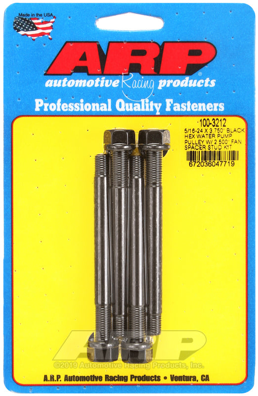 ARP 5/16-24 X 3.750 black hex water pump pulley w/ 2.500" fan spacer stud kit