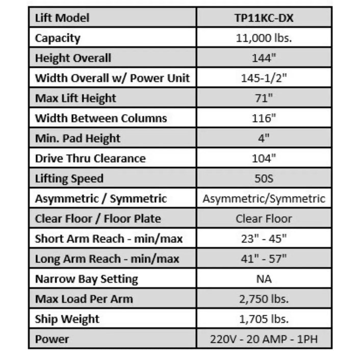 Valor VP11KC-DX 11,000 lb 2 Post Clear Floor - Mechanic Super Store