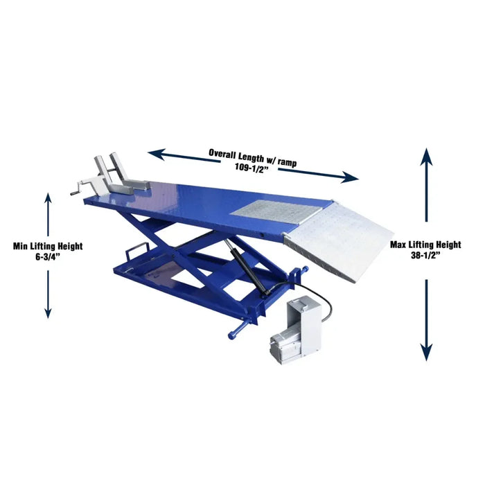 Tuxedo M-1500C-HR 1,500 lb High Rise Motorcycle Lift Bench - Vise, Sides, Balance Bar, Pump - Mechanic Super Store