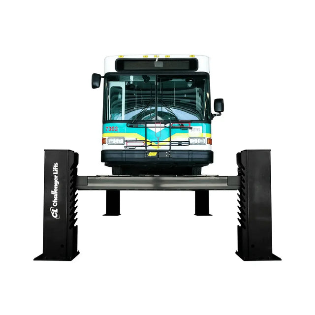 Challenger Lifts 44040X 40,000 lb Heavy Duty Lift  Chain Driven shown on a white background with a passenger vehicle lifted to 75% of maximum lifting height. - Mechanic Super Store