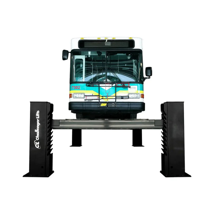 Challenger 44060X 60000lb Heavy-Duty 4 Post Chain Driven Lift with a BUS lifted to max height on  white background - Mechanic Super Store