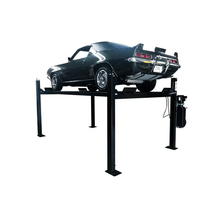 Challenger Lifts CL4P9X 9000 lbs 4 Post Home Vehicle Storage Lift  on a white backgound with classic car raised to full capacity