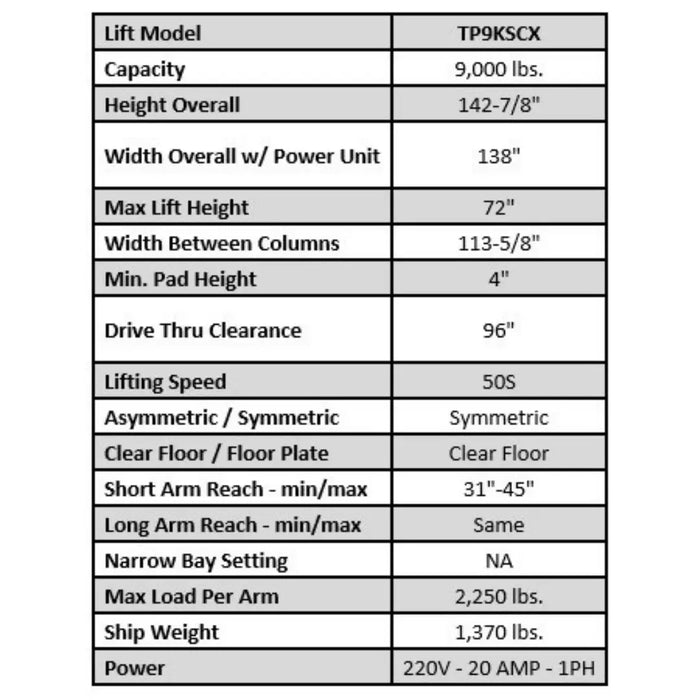 Valor VP9KSCX 9,000 lb 2 Post Clear Floor - Symmetric - Mechanic Super Store