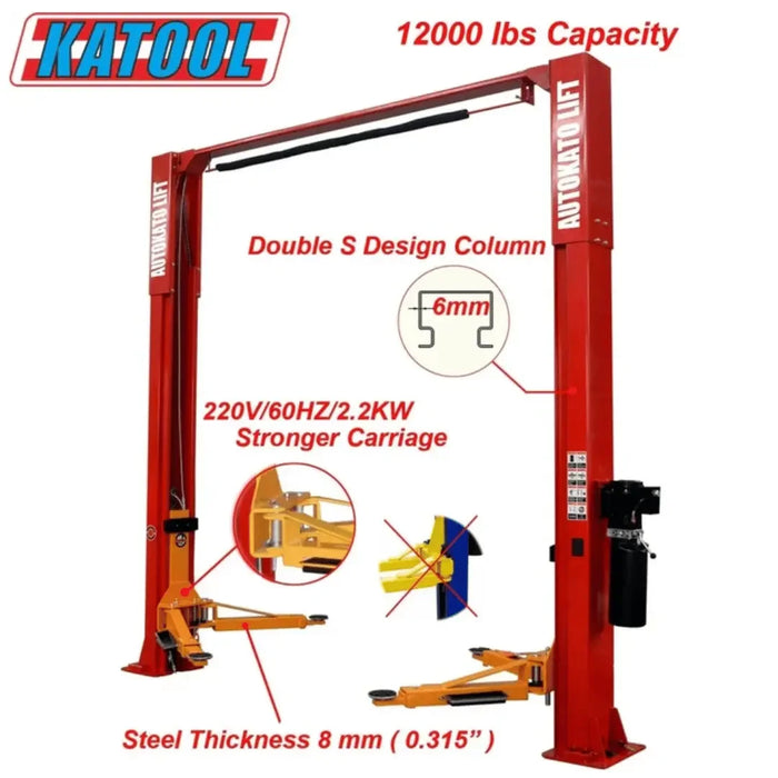 Katool KT-M120 12,000 lbs lift | 2 Post Clear-floor Vehicle Lift image showing dimensions and inset images of moving parts - Mechanic Super Store