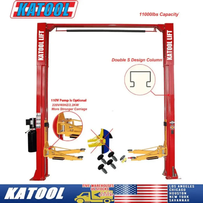 Katool KT-M110 11,000 lbs 2 Post Clear-floor Professional Vehicle Lift on a white background with insets showing the column design, 11000lb capacity and support arms - Mechanic Super Store