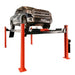 Katool KT-4H150 15,000 lbs 4 Post Alignment Lift With Rolling Jack. Image shows only the 4 post car lift with a full size pickup truck lifted to maximum height - Mechanic Super Storer