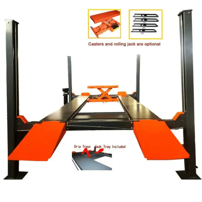 Katool KT-4H110 11,000lb 4 Post Car Lift showing insets of optional casters and rolling jack.