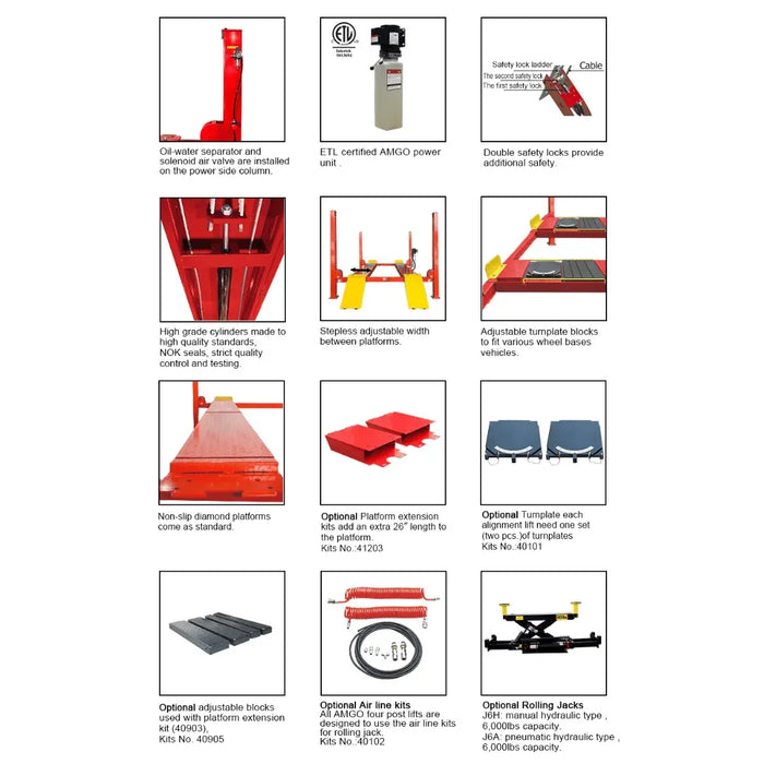 Amgo PRO-12A 12,000 lb 4 Post Lift array of verious parts - Mechanic Super Store