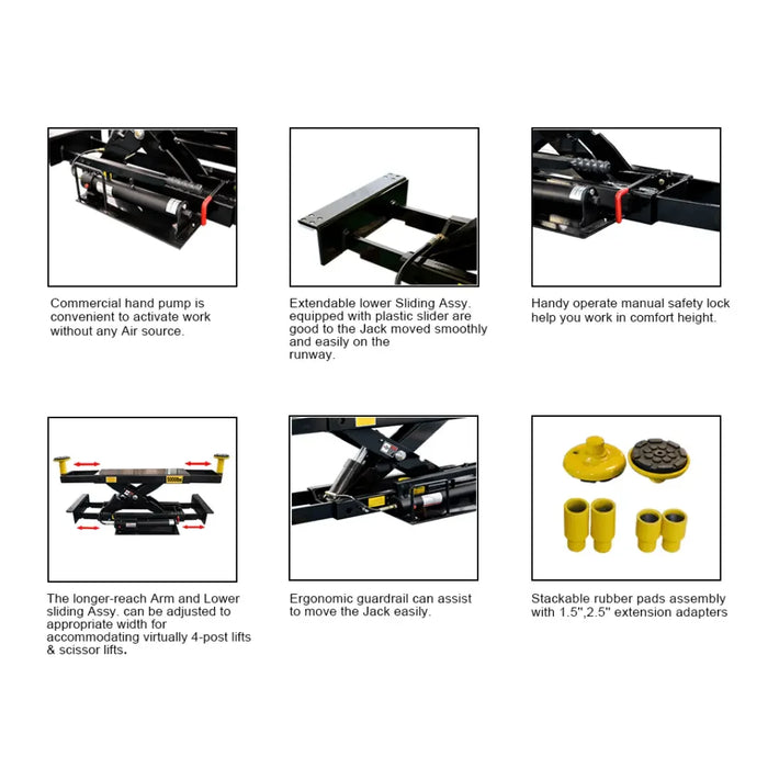 Amgo J5H 5,000 lb Sliding Jack flyer showcasing up close images of accessory parts and benefits of the jack. - Mechanic Super Store