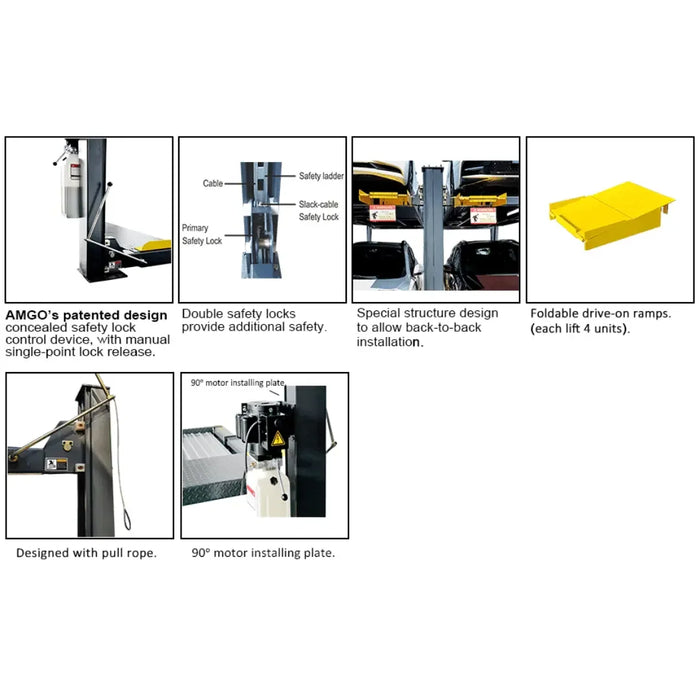 Amgo 409-DPX 9,000 lb Double Parking 4 Post Lift flier showing different mechanical aspects of the lift- Mechanic Super Store