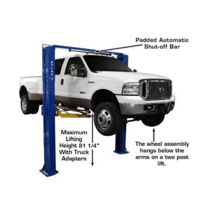 Atlas PV10PX 10,000 lb Overhead 2-Post Lift image showing the padded autgo shut-off bar, max lifting height of 81.25"- Mechanic Super Store