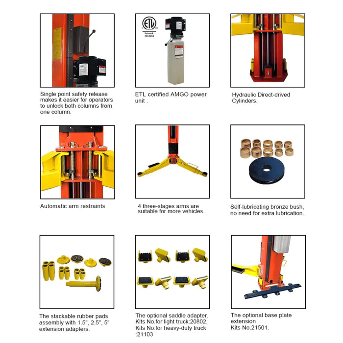 Amgo OH-12S (Short) 12,000 lb 2 Post Lift flyer showcasing accessory components and mechanic moving parts.