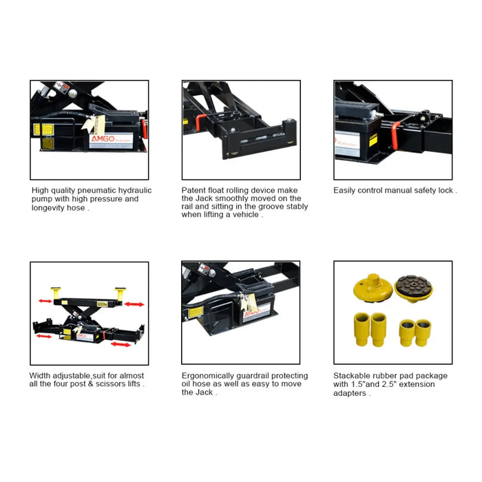 Amgo J6A 6,000 lb Rolling Jack flyer showcasing accessory parts and up close mechanical components -  Mechanic Super Store